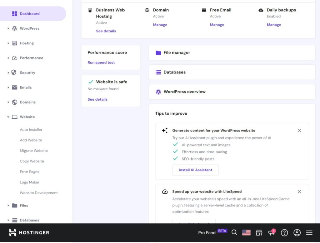 Hostinger vs EasySpace Dashboard