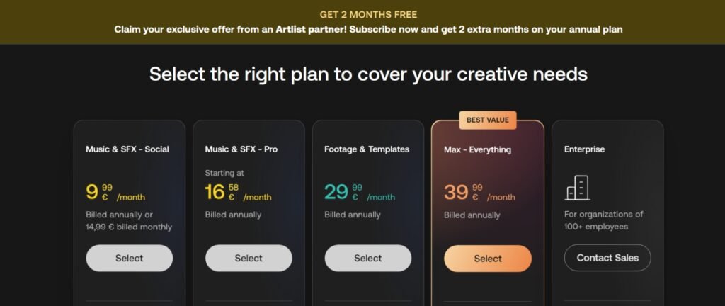 Selection of subscription plans for content creators on Artlist.io with prices and options, including Music & SFX for Social Media, Professional Music & SFX, Footage & Templates, Max Everything package highlighted as the best value, and an Enterprise plan for larger organizations, all available for 2024