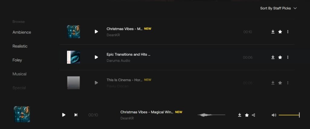 Screenshot of sound effects categories in Artlist.io, featuring samples like 'Christmas Vibes - Magical Winter' by DeanKR marked as new, and 'Epic Transitions and Hits' by Daruma Audio, displayed with play buttons and track durations. Categories include Ambience, Realistic, Foley, Musical, and Special, indicating a wide selection of SFX for content creators, part of a step-by-step tutorial on using Artlist.io.