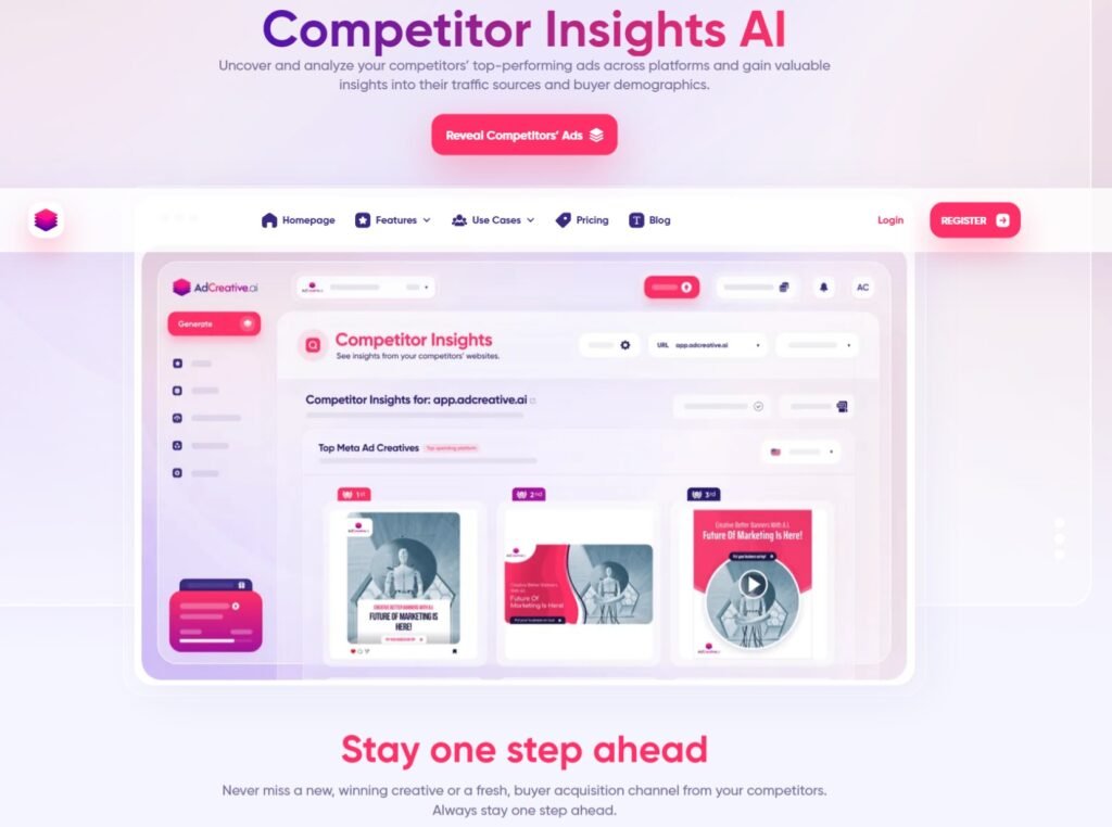 Get a competitive edge with Competitor Insights AI by AdCreative.ai, showcasing a user interface with analytics on top-performing competitor ads, engagement metrics, and more. This platform provides an in-depth look at ad performance and strategy, enabling businesses to stay ahead by learning from competitors' successes. Discover and analyze key metrics like top Meta ad creatives, engagement rates, and traffic sources to refine your marketing strategies and achieve superior results.