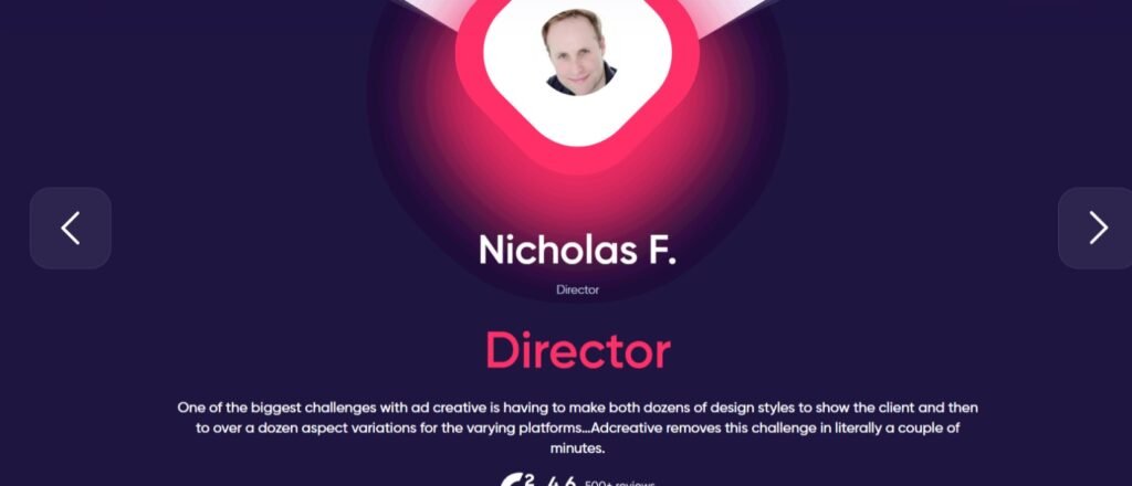 Meet Nicholas F., the Director featured in this promotional banner for AdCreative.ai, highlighting the platform's solution to one of the most significant challenges in ad creative development. The image showcases a testimonial about AdCreative.ai's ability to swiftly create various design styles for different platforms, streamlining the advertising process. This endorsement emphasizes the platform's efficiency in producing diverse ad creatives within minutes, as praised by industry professionals.