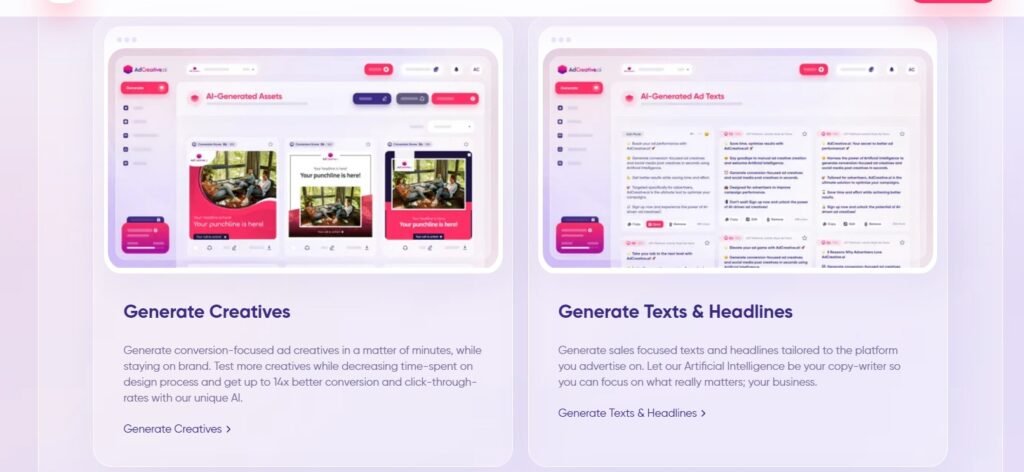 Maximize your advertising with AdCreative.ai's dual-feature interface showcasing both creative generation and text/headline creation. This image highlights the platform's capability to produce conversion-focused ad creatives and sales-driven texts using advanced AI. Elevate your brand's digital presence with high-conversion ads and compelling copy that resonate with your audience. Streamline your marketing efforts with this AI-powered tool designed to enhance your business's online impact. Get started with AdCreative.ai to transform your advertising strategy.
