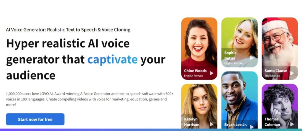 Web banner for Lovo.ai showcasing the platform's hyper-realistic AI voice generator capabilities with various voice samples including English female voice 'Chloe Woods', 'Sophia Butler', English male voice 'Santa Clause', 'Bryan Lee Jr.', and 'Thomas Coleman'. Features a call-to-action button for starting a free trial and highlights over a million satisfied users, voice generation in 100 languages, and applications in marketing, education, and gaming.