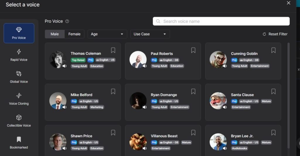 Interface screenshot of voice selection from LOVO AI featuring professional voice options with filters for Pro Voice, Male, Female, Age, and Use Case. Showcases voice samples including Thomas Coleman, Paul Roberts, Cunning Goblin, Santa Clause, Mike Belford, Ryan Domange, Villainous Beast, Shawn Price, and Bryan Lee Jr., covering accents such as US English and GB English, and use cases in education, marketing, entertainment, and audiobooks.