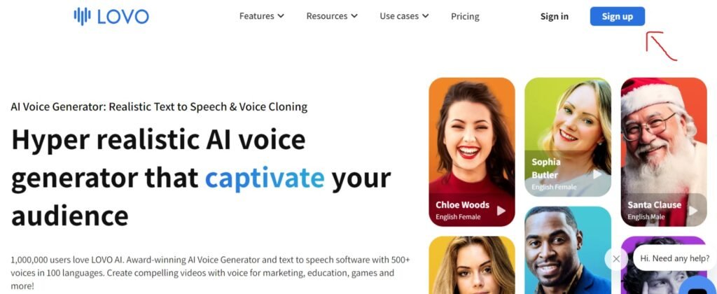 Header image from LOVO AI's step-by-step tutorial page, displaying the brand logo with a navigation menu including Features, Resources, Use cases, and Pricing. The main banner text reads 'AI Voice Generator: Realistic Text to Speech & Voice Cloning' and 'Hyper realistic AI voice generator that captivate your audience'. Below, it boasts over a million users and showcases voice samples from 'Chloe Woods', 'Sophia Butler', and 'Santa Clause' with a chatbot offering help in the corner.