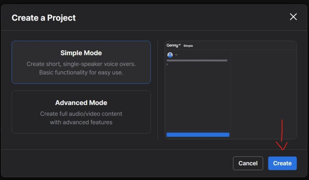 Step-by-step tutorial screen showing the 'Create a Project' modal on the Genny from LOVO AI platform. It displays two project creation options: 'Simple Mode' for creating short, single-speaker voiceovers and 'Advanced Mode' for full audio/video content with advanced features. The modal includes a 'Cancel' button and a highlighted 'Create' button, directing users on how to proceed with project creation.