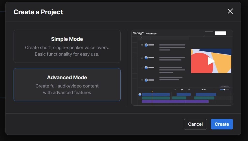 User interface for 'Create a Project' on LOVO AI's platform featuring two options: Simple Mode for creating short, single-speaker voiceovers with basic functionality, and Advanced Mode for creating full audio or video content with advanced features. The dialog box includes editable fields, playback controls, and a 'Create' button, all designed with a sleek, dark theme.