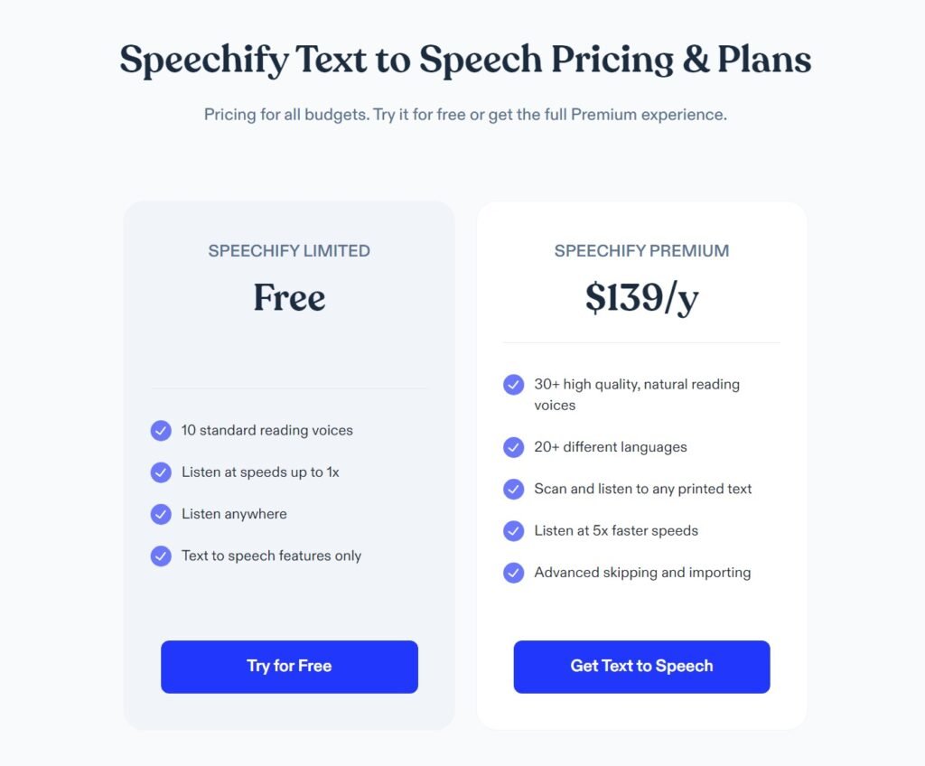 Speechify Text to Speech pricing and plans. It present a free plan and a premium plan