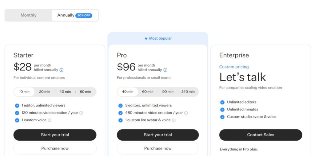 Colossyan prices. There is 2 fix prices. The stater and the pro. For the Enterprise, the prices can be discuss.