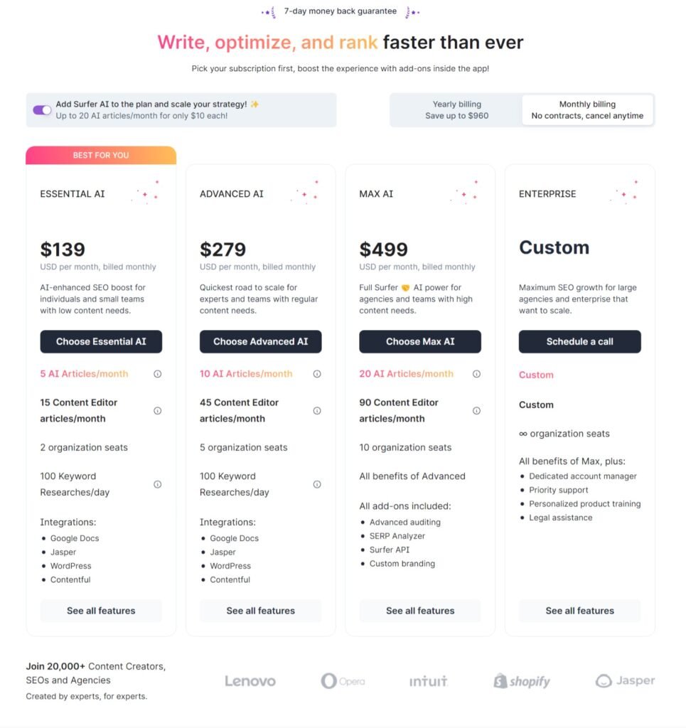 Surfer SEO Pricing